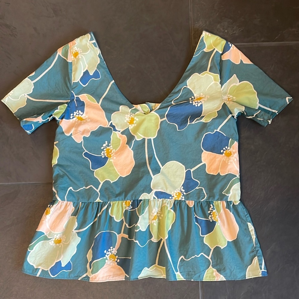 Sezane Floral Peplum Top in Teal, Blue, Peach, Lime